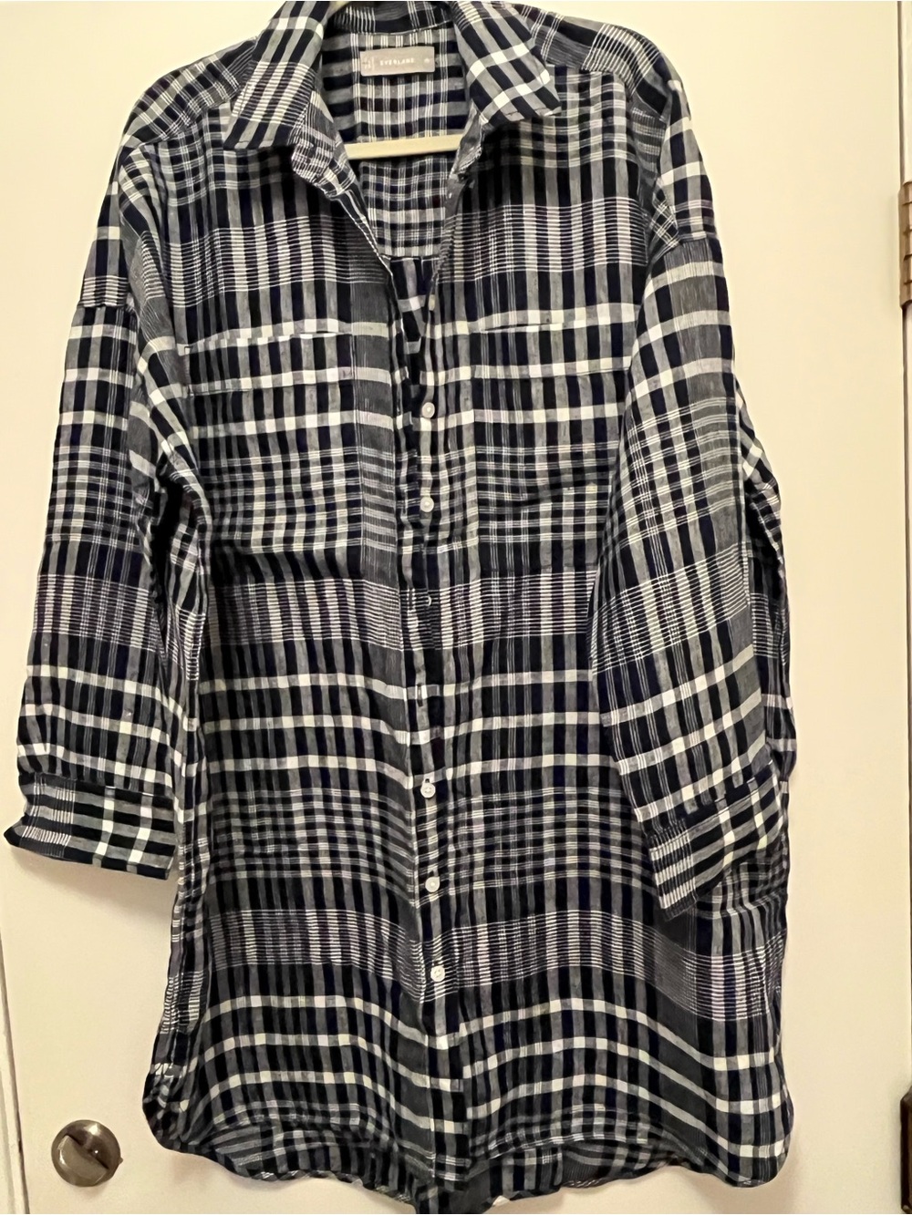 NWOT Everlane Linen Navy Plaid Button-Down Shirt Dress